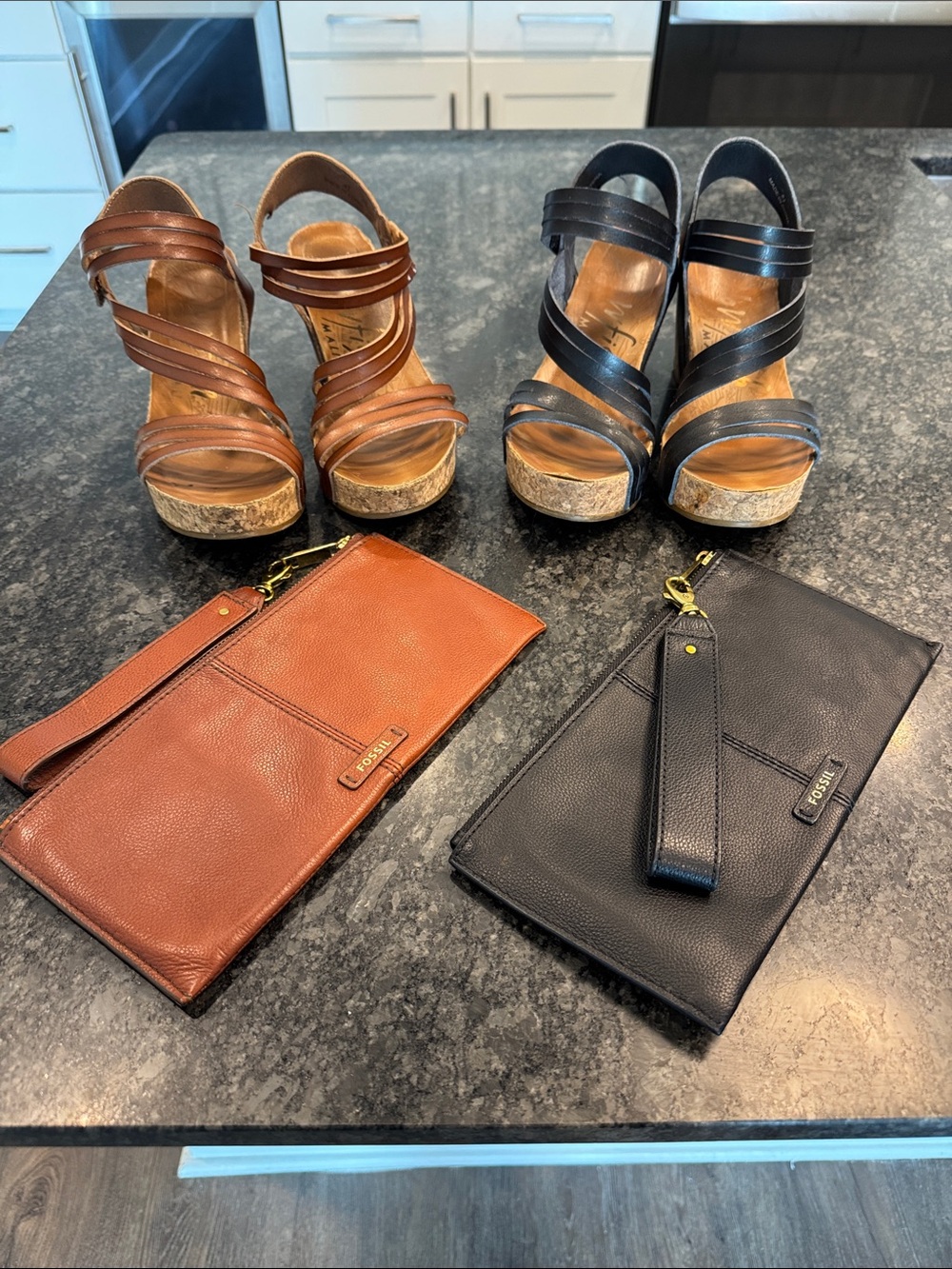 Fossil Brown and Black Leather Wristlet with Matching Blowfish wedge sandals 8.5